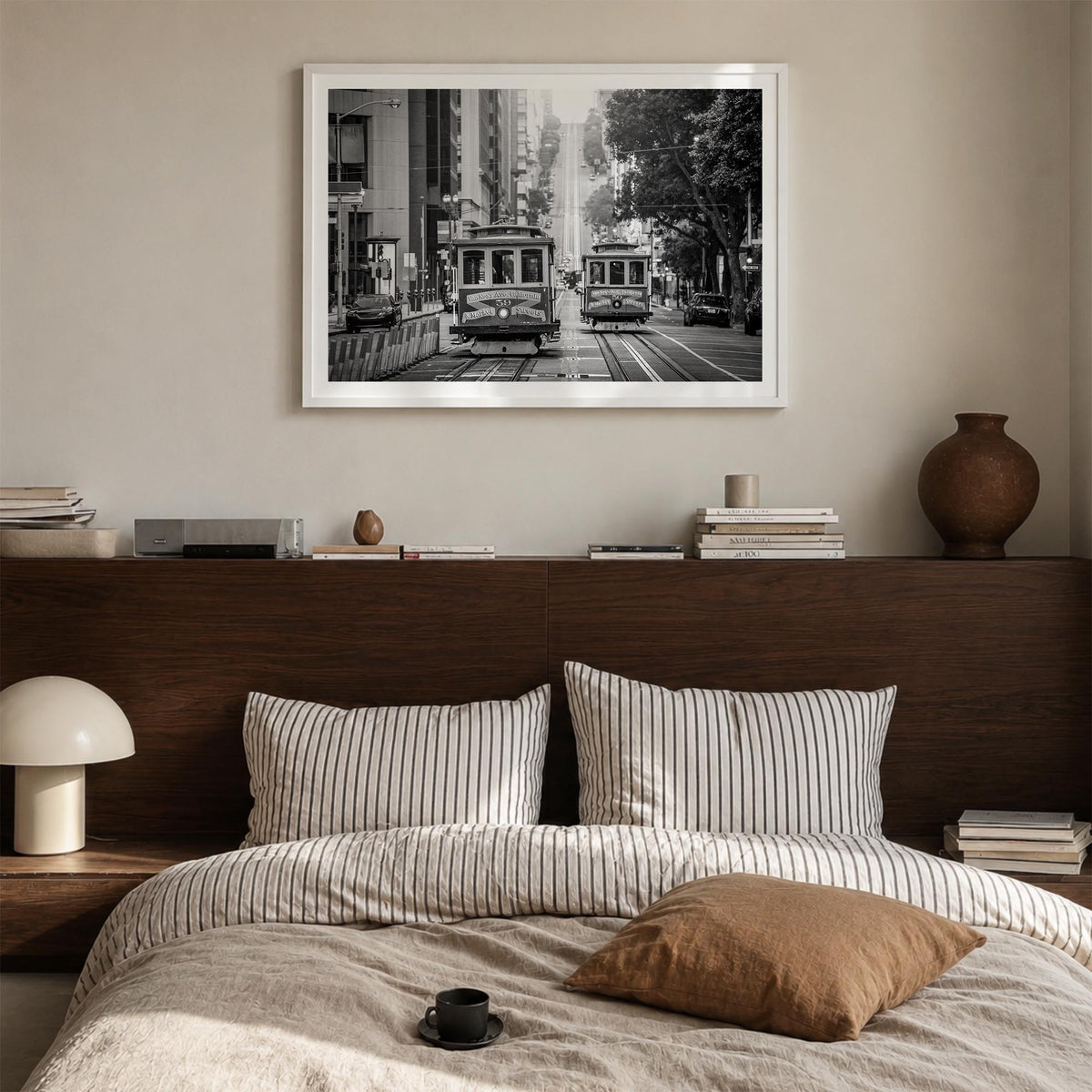 San Francisco no. 2 black & white photo poster of California, USA – horizontal wall art in white wood frame with white border