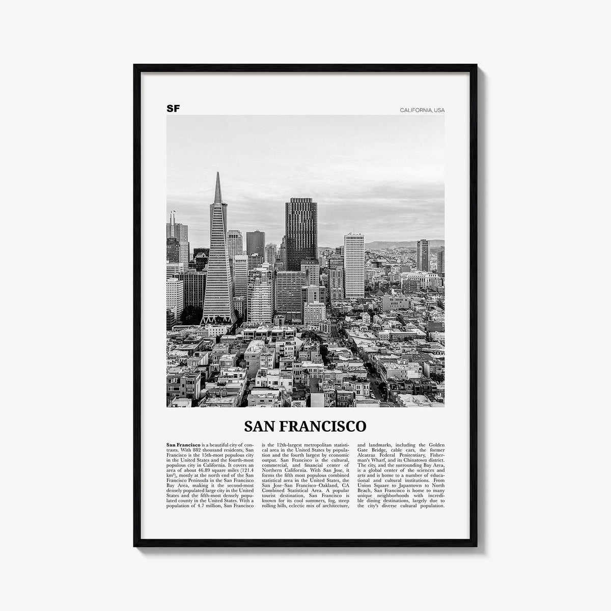 San Francisco no. 3 black & white newspaper poster of California, USA – vertical wall art, unframed print shown in interior m