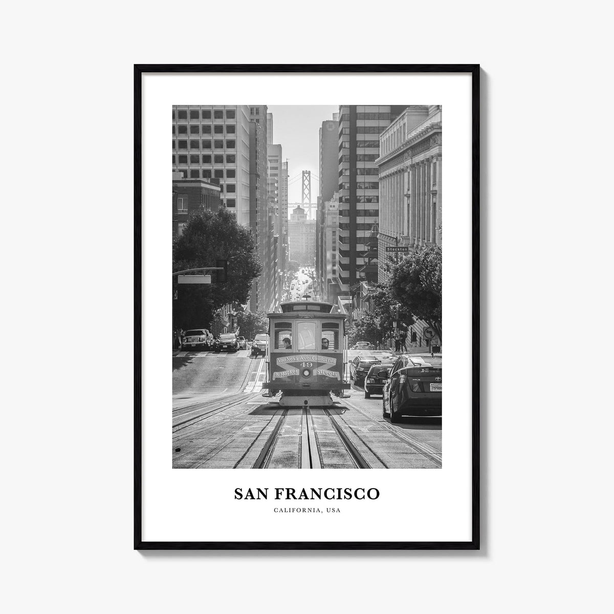 San Francisco no. 4 black & white classic poster of California, USA – vertical wall art, unframed print shown in interior moc