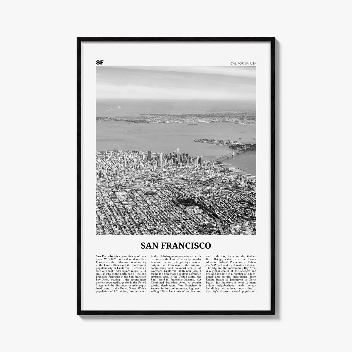 San Francisco no. 4 black & white newspaper poster of California, USA – vertical wall art, unframed print shown in interior m