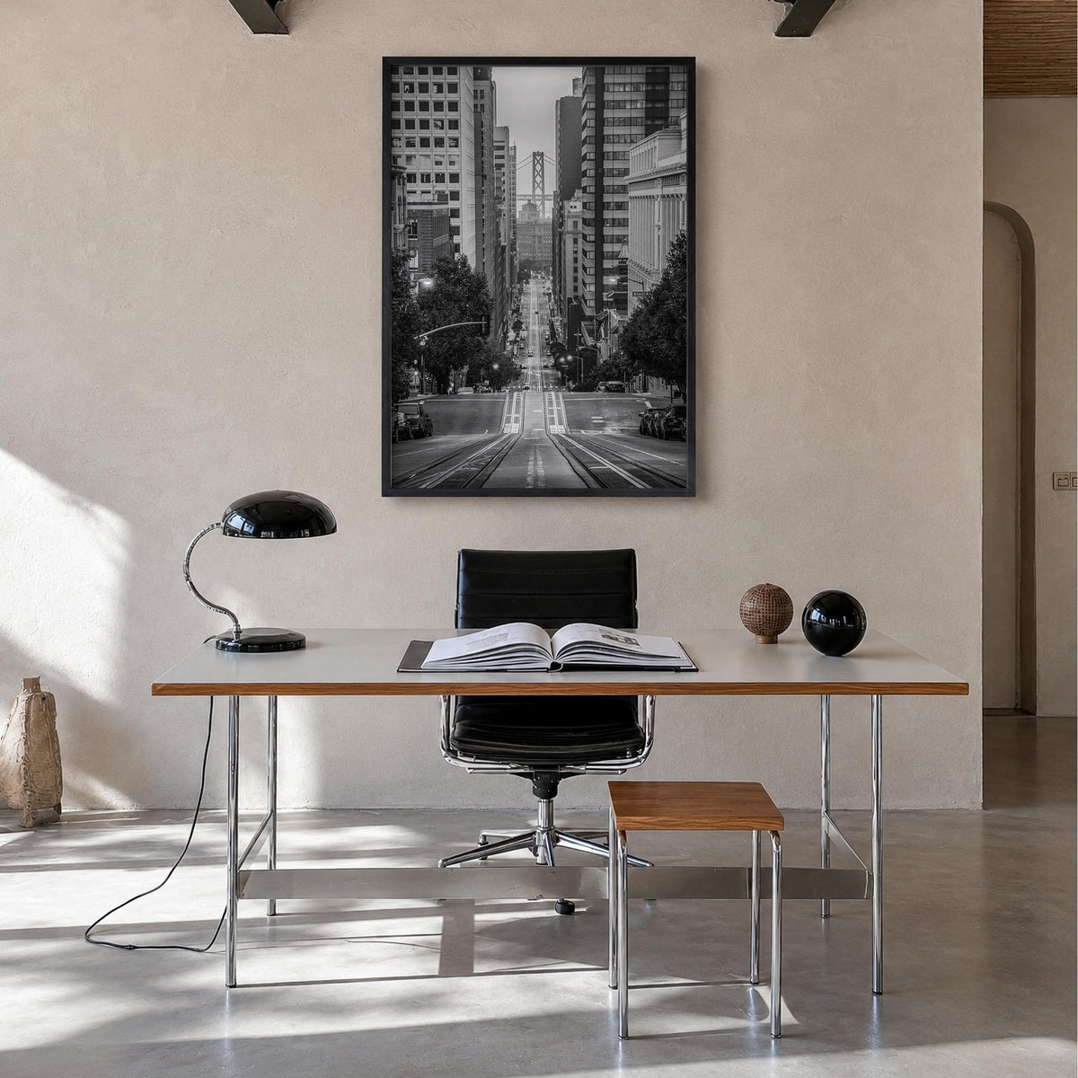 San Francisco no. 4 black & white photo poster of California, USA – vertical wall art in black wood frame, hanging on wall