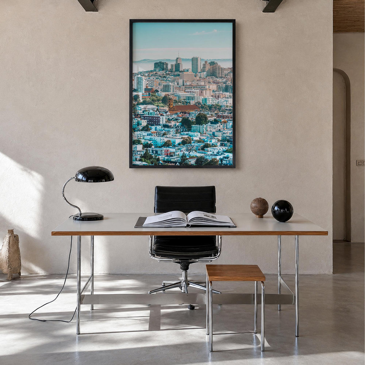 San Francisco no. 5 colorful photo poster of California, USA – vertical wall art in black wood frame, hanging on wall