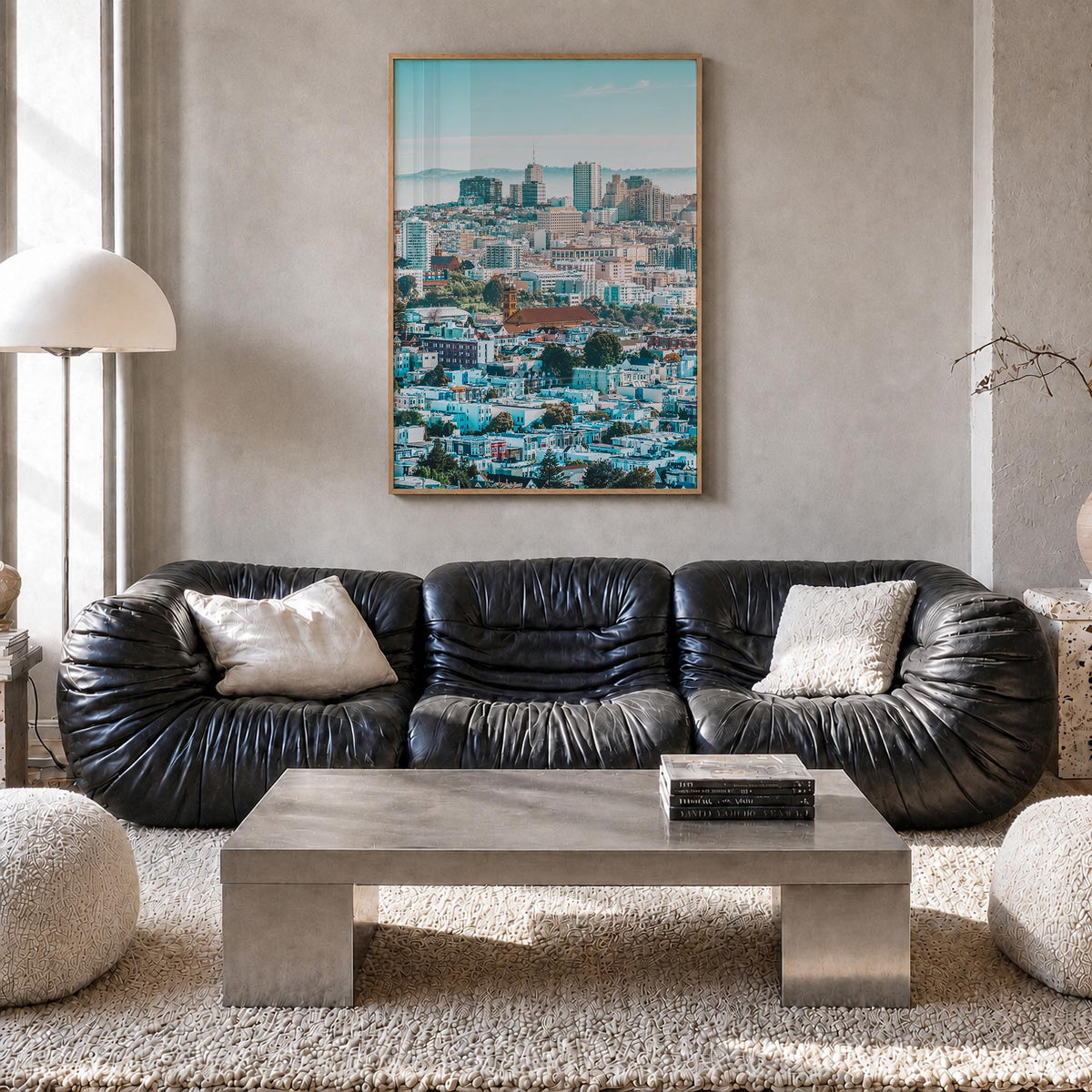 San Francisco no. 5 colorful photo poster of California, USA – vertical wall art in natural wood frame, hanging on wall