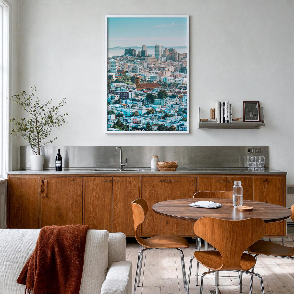 San Francisco no. 5 colorful photo poster of California, USA – vertical wall art in white wood frame, hanging on wall