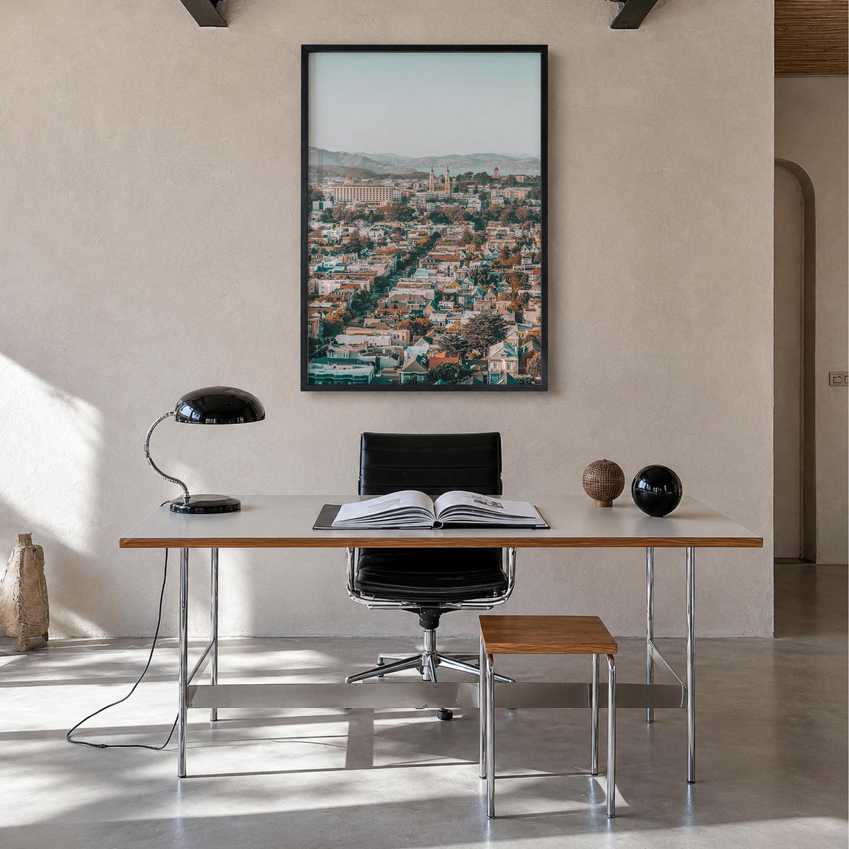 San Francisco no. 6 colorful photo poster of California, USA – vertical wall art in black wood frame, hanging on wall
