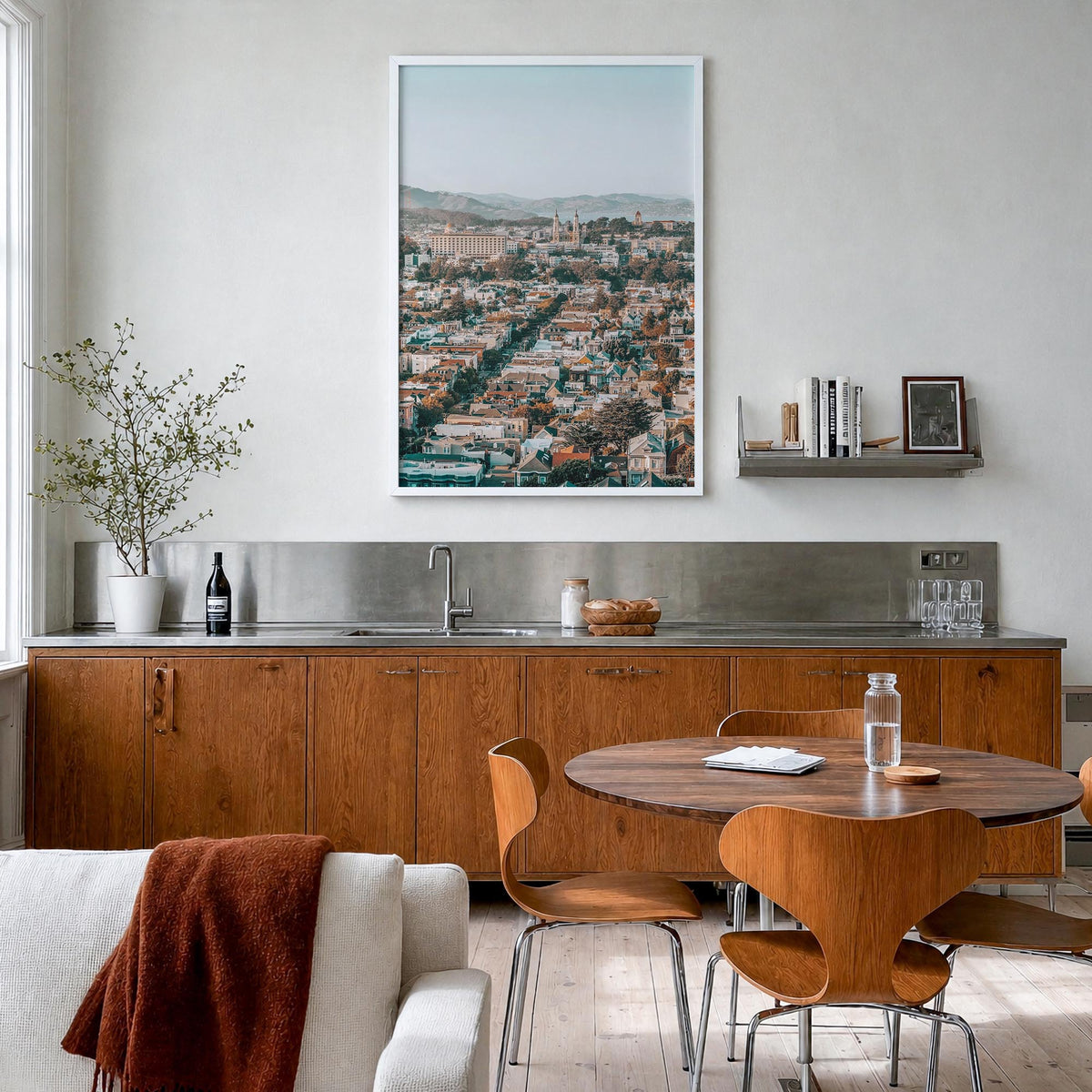 San Francisco no. 6 colorful photo poster of California, USA – vertical wall art in white wood frame, hanging on wall