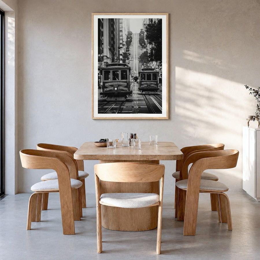 San Francisco Photo No 1 Poster in a natural wood frame, hanging in a dining room, white border