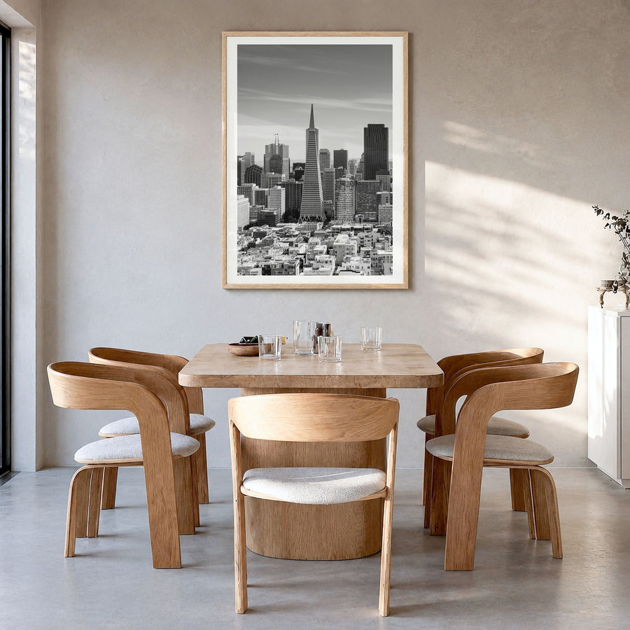 San Francisco Photo No 2 Poster in a natural wood frame, hanging in a dining room, white border