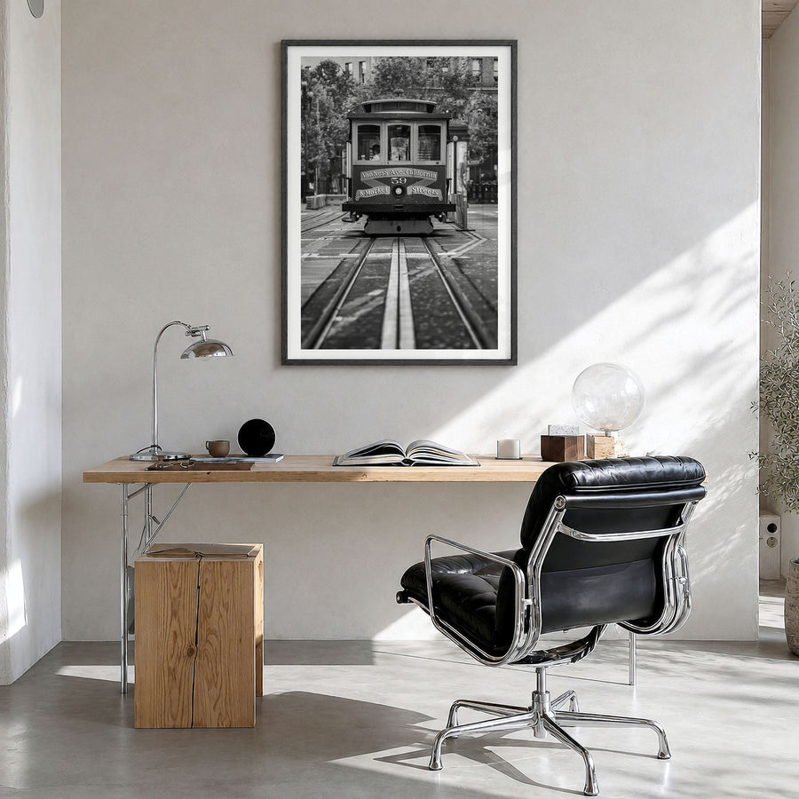 San Francisco Photo No 3 Poster in a black wood frame, hanging in a bright home office, white border