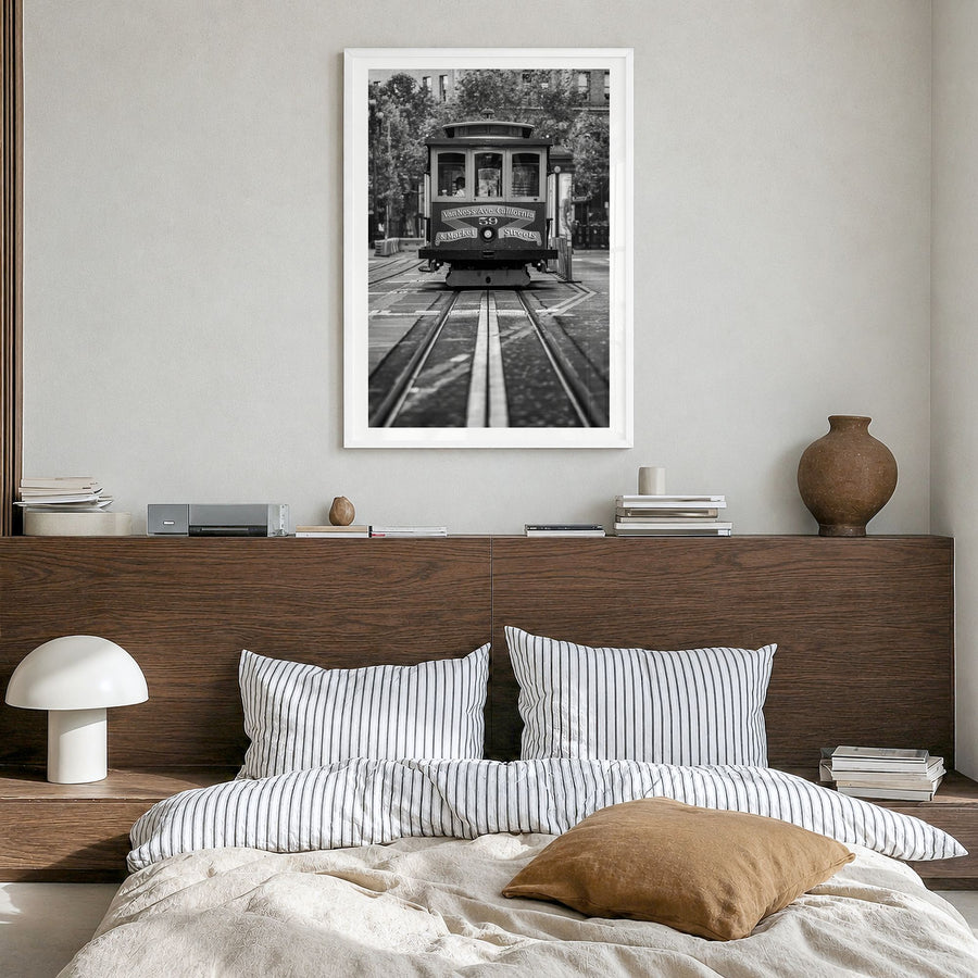 San Francisco Photo No 3 Poster in a white wood frame, hanging in a bedroom, white border