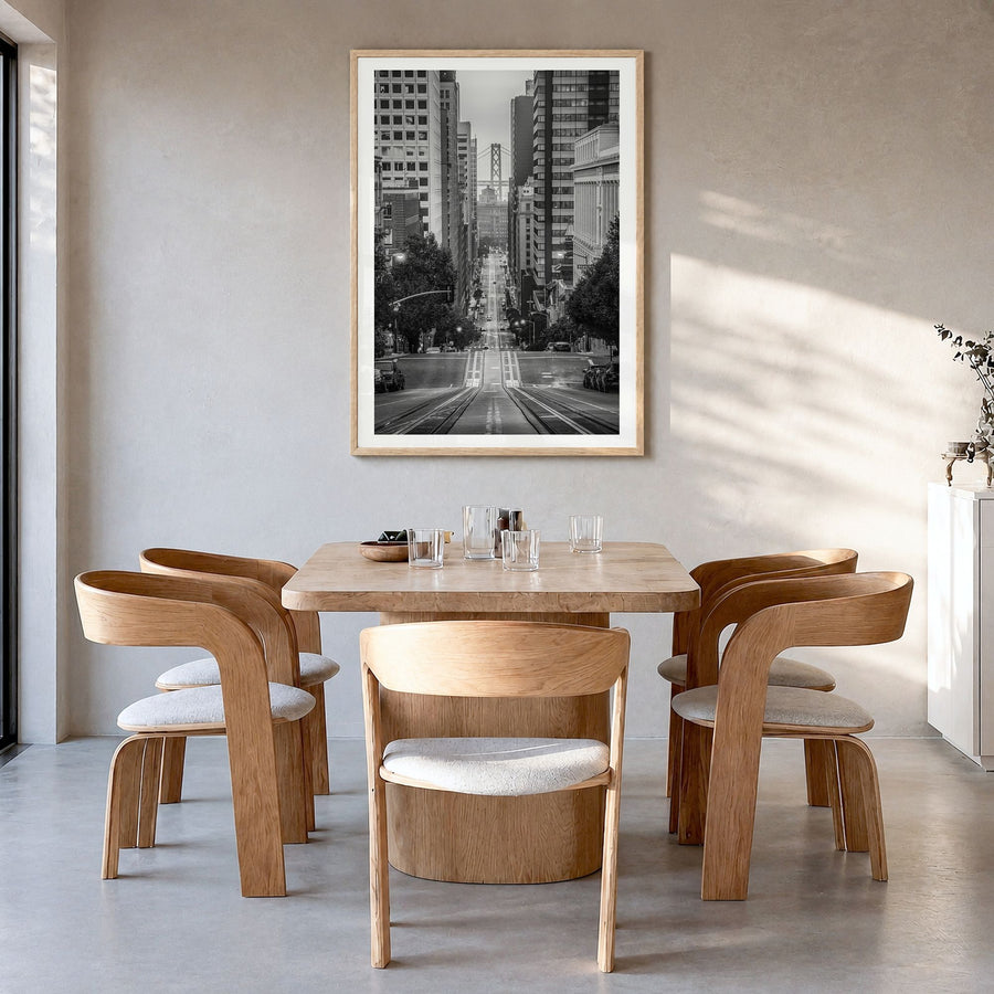 San Francisco Photo No 4 Poster in a natural wood frame, hanging in a dining room, white border