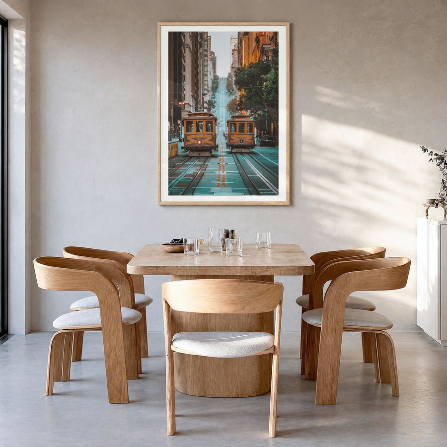 San Francisco Photo No 3 Poster in a natural wood frame, hanging in a dining room, white border