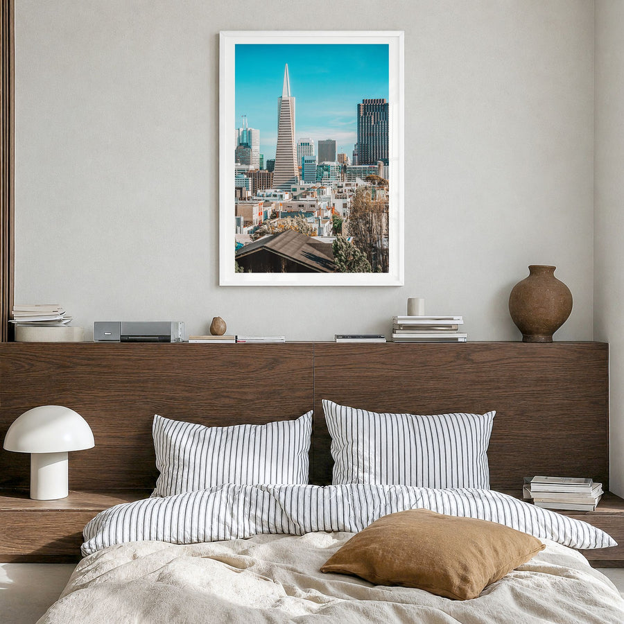 San Francisco Photo No 4 Poster in a white wood frame, hanging in a bedroom, white border