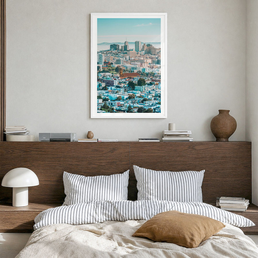 San Francisco Photo No 5 Poster in a white wood frame, hanging in a bedroom, white border