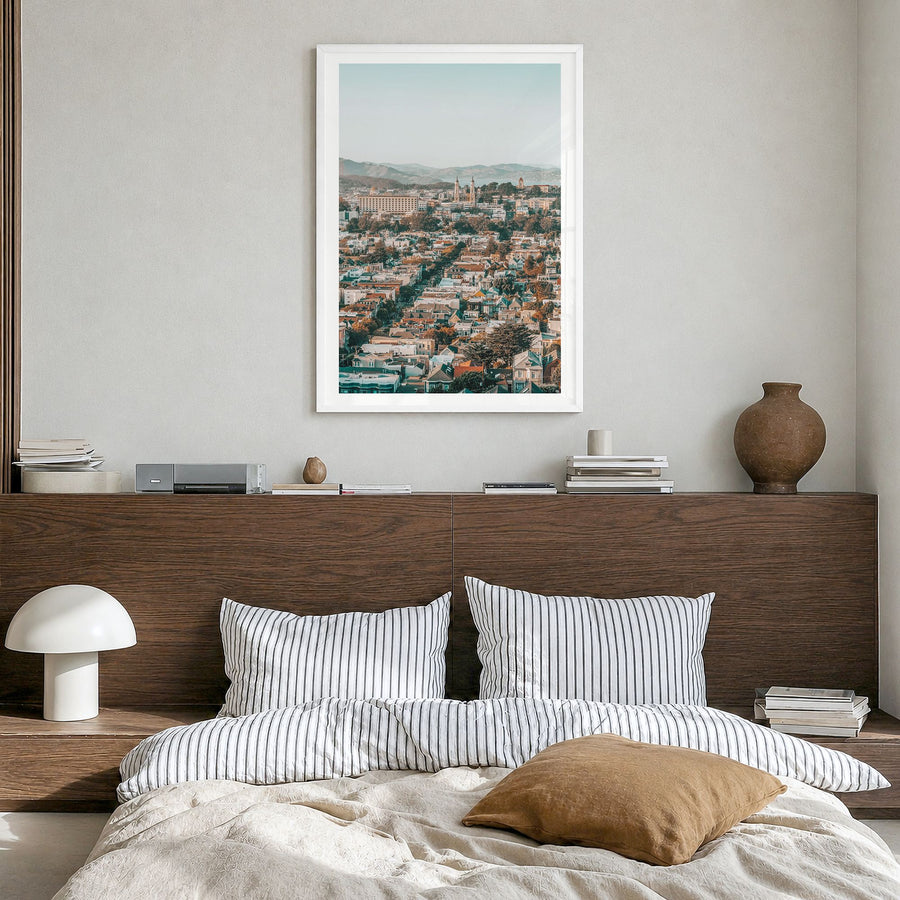 San Francisco Photo No 6 Poster in a white wood frame, hanging in a bedroom, white border