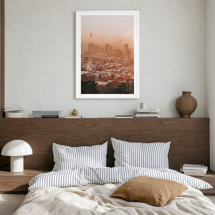 San Francisco Photo No 7 Poster in a white wood frame, hanging in a bedroom, white border