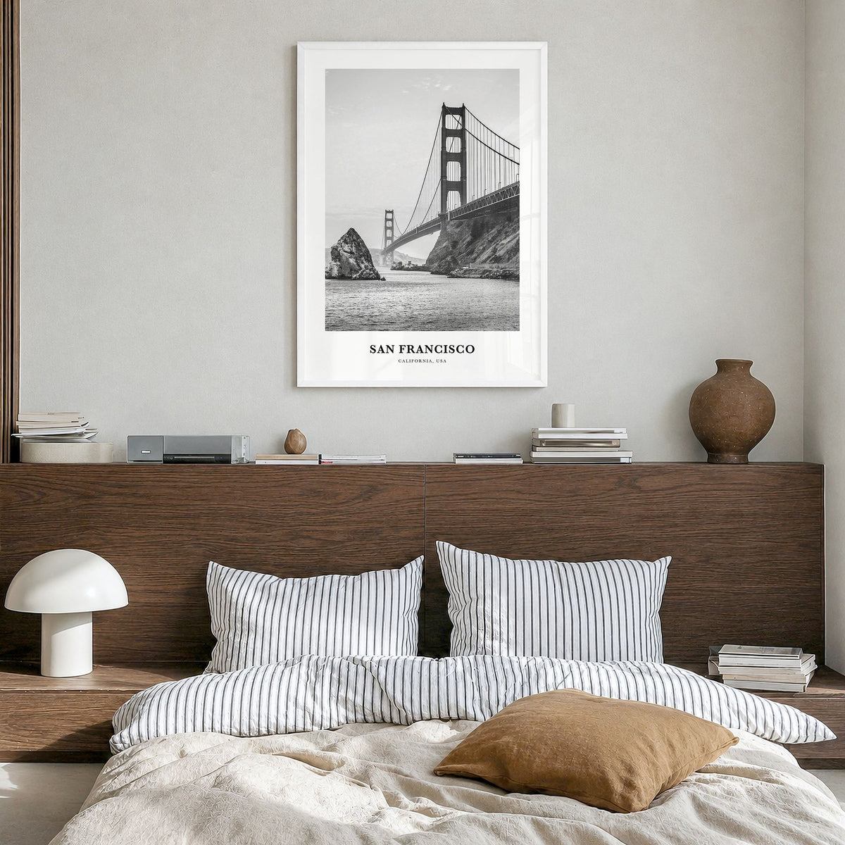 San Francisco Classic No 1 Poster in a white wood frame, hanging in a bedroom