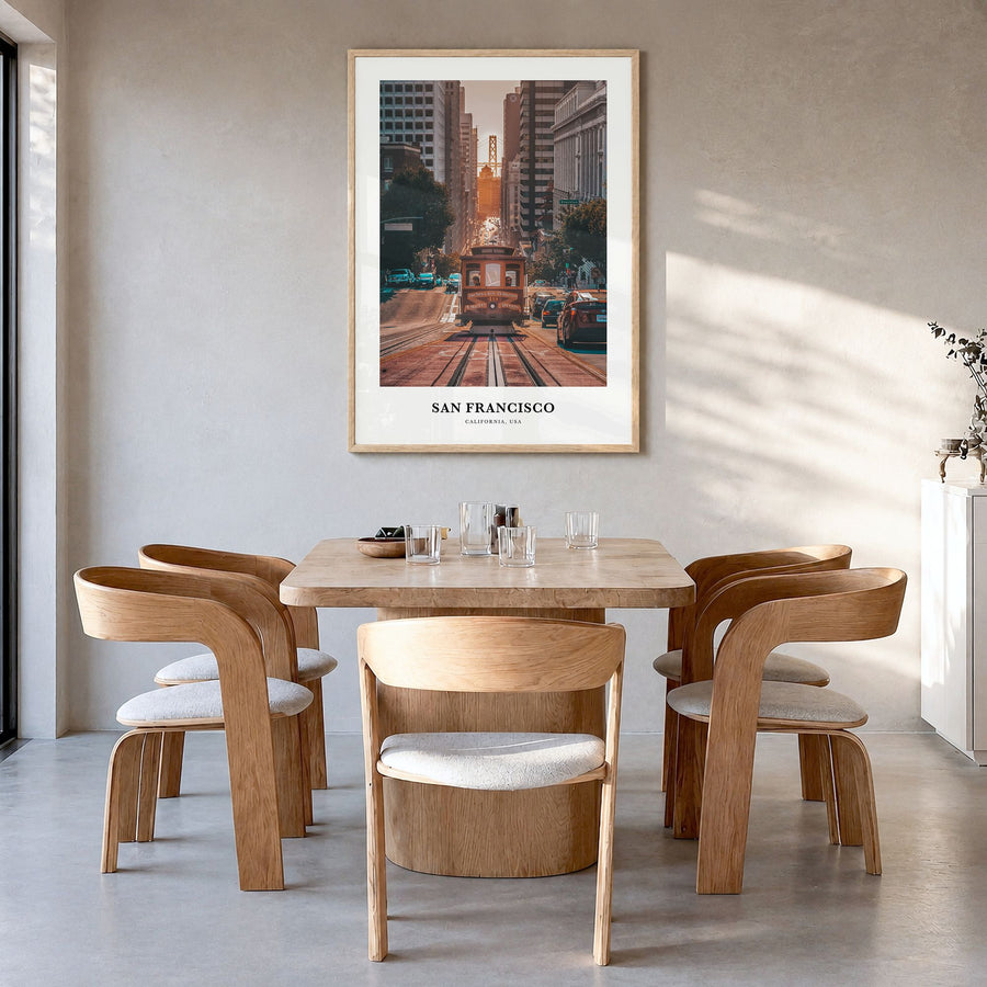 San Francisco Classic No 1 Poster in a natural wood frame, hanging in a dining room