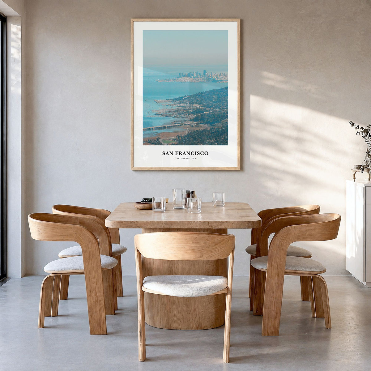 San Francisco Classic No 2 Poster in a natural wood frame, hanging in a dining room