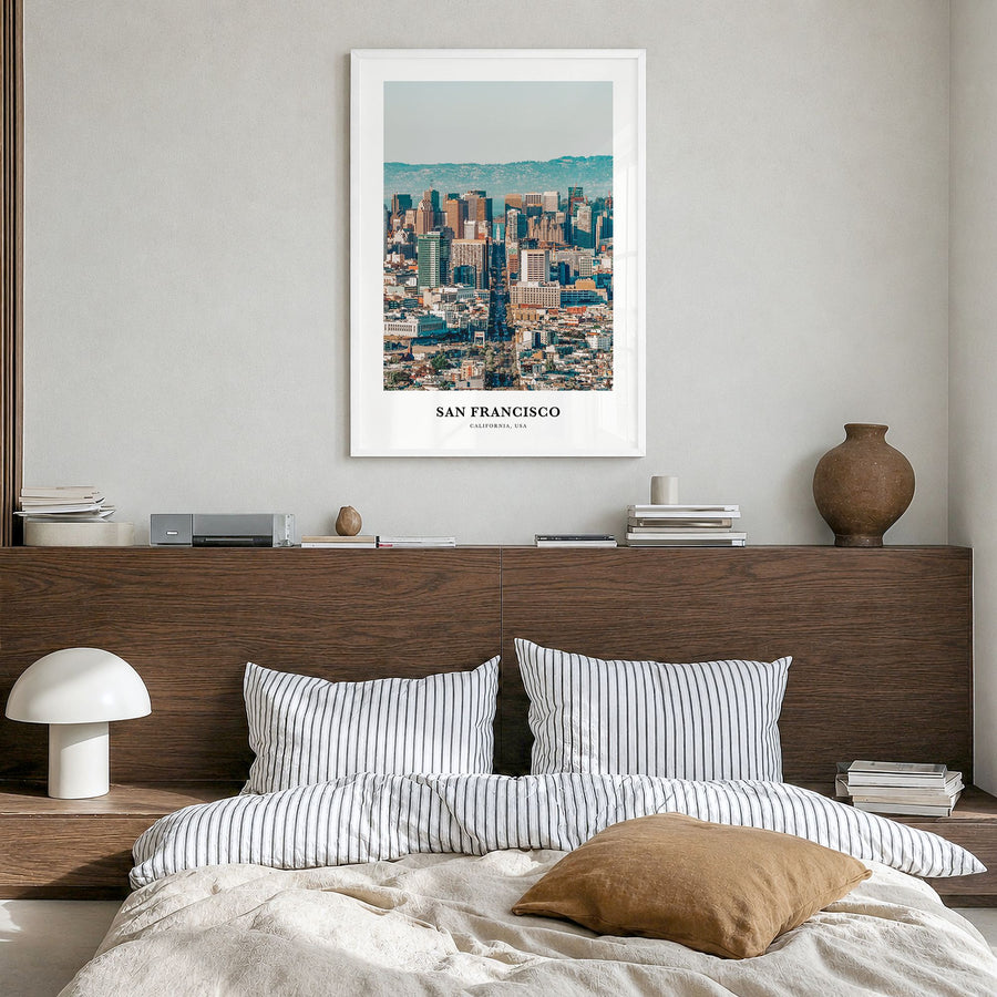 San Francisco Classic No 3 Poster in a white wood frame, hanging in a bedroom