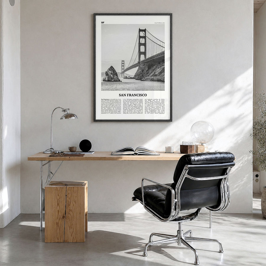 San Francisco Newspaper No 1 Poster in a black wood frame, hanging in a bright home office