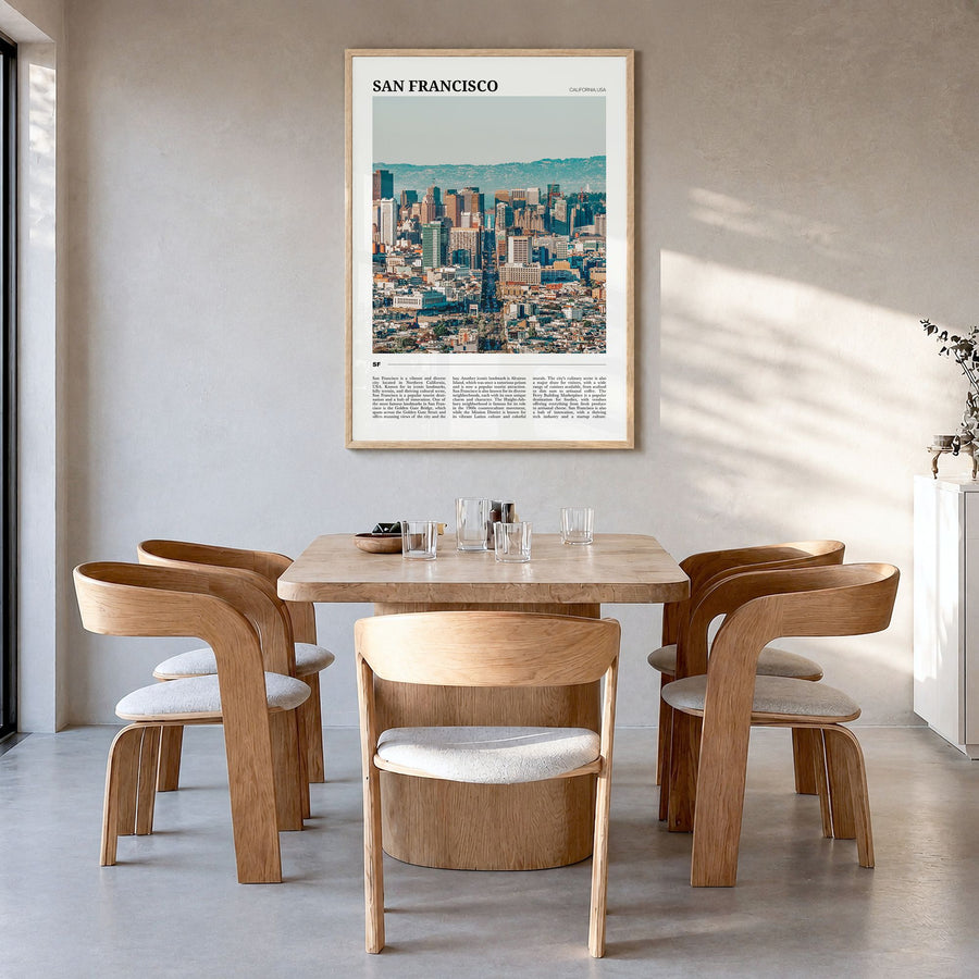 San Francisco Travel No 2 Poster in a natural wood frame, hanging in a dining room