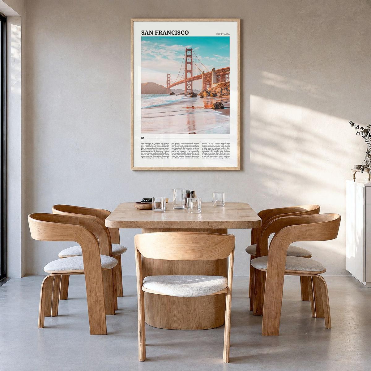 San Francisco Travel No 3 Poster in a natural wood frame, hanging in a dining room