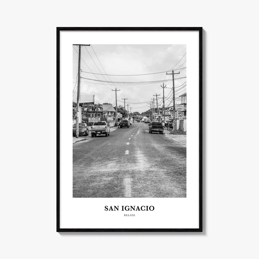 San Ignacio black & white classic poster of Belize – vertical wall art, unframed print shown in interior mockup