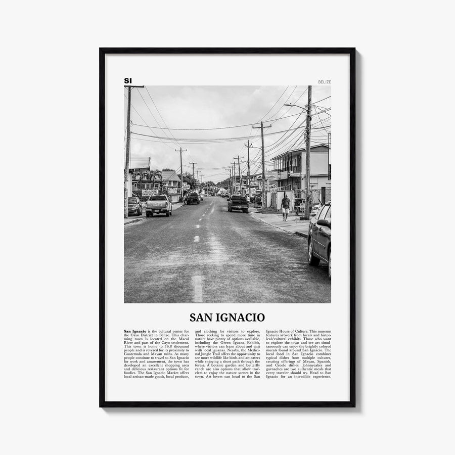 San Ignacio black & white newspaper poster of Belize – vertical wall art, unframed print shown in interior mockup