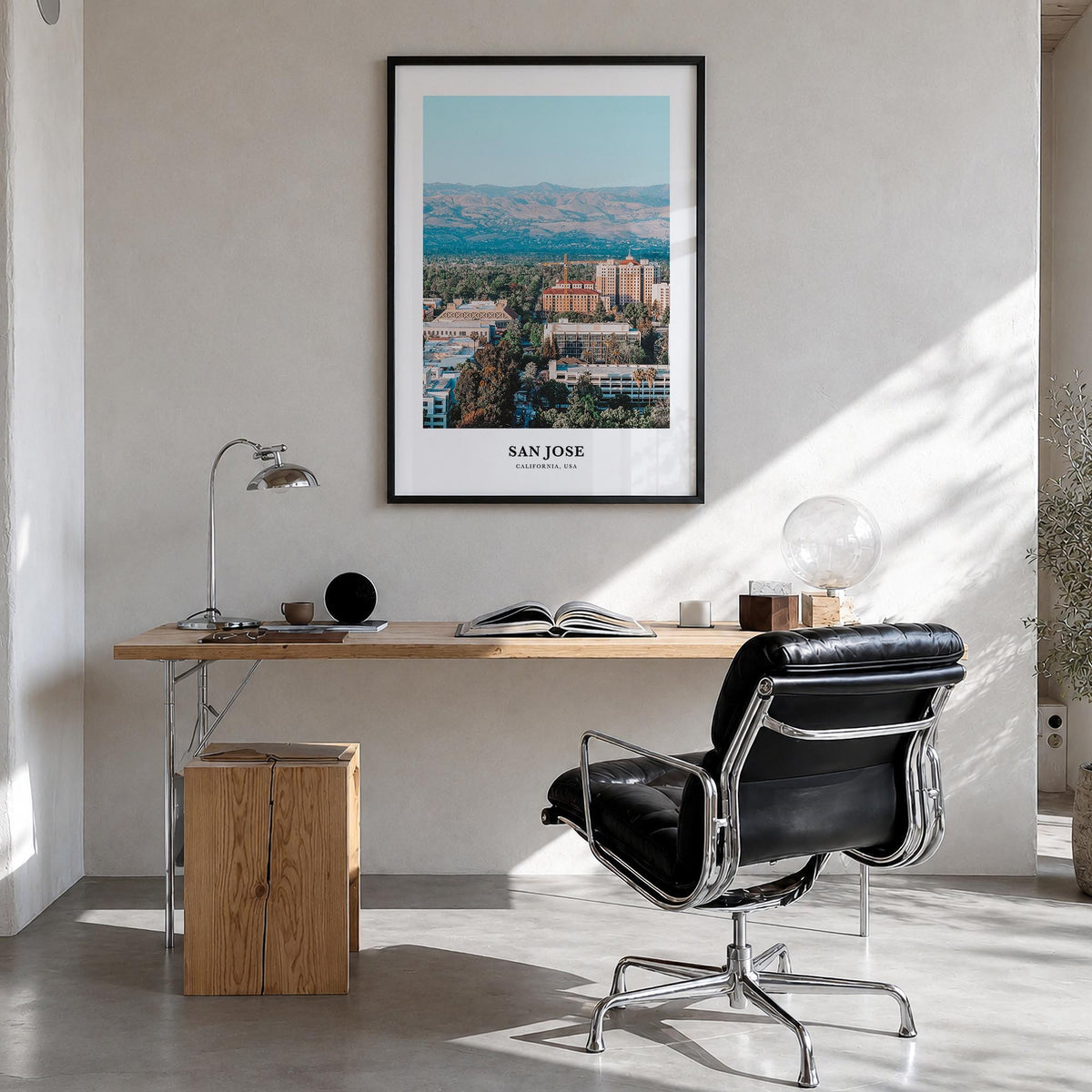 San Jose, California colorful classic poster of California, USA – vertical wall art in black wood frame, hanging on wall