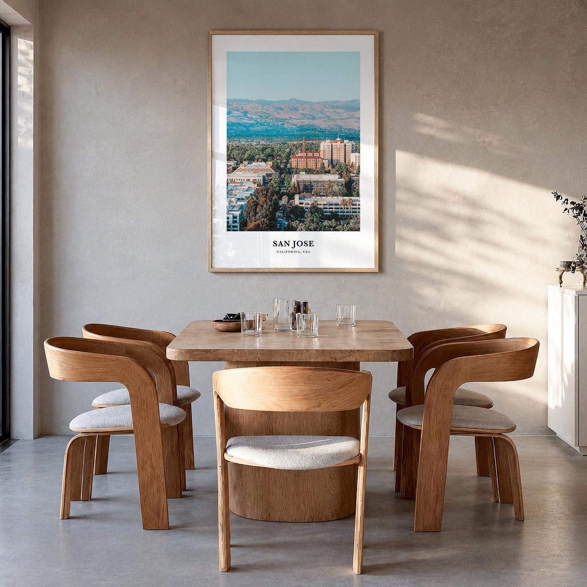 San Jose, California colorful classic poster of California, USA – vertical wall art in natural wood frame, hanging on wall