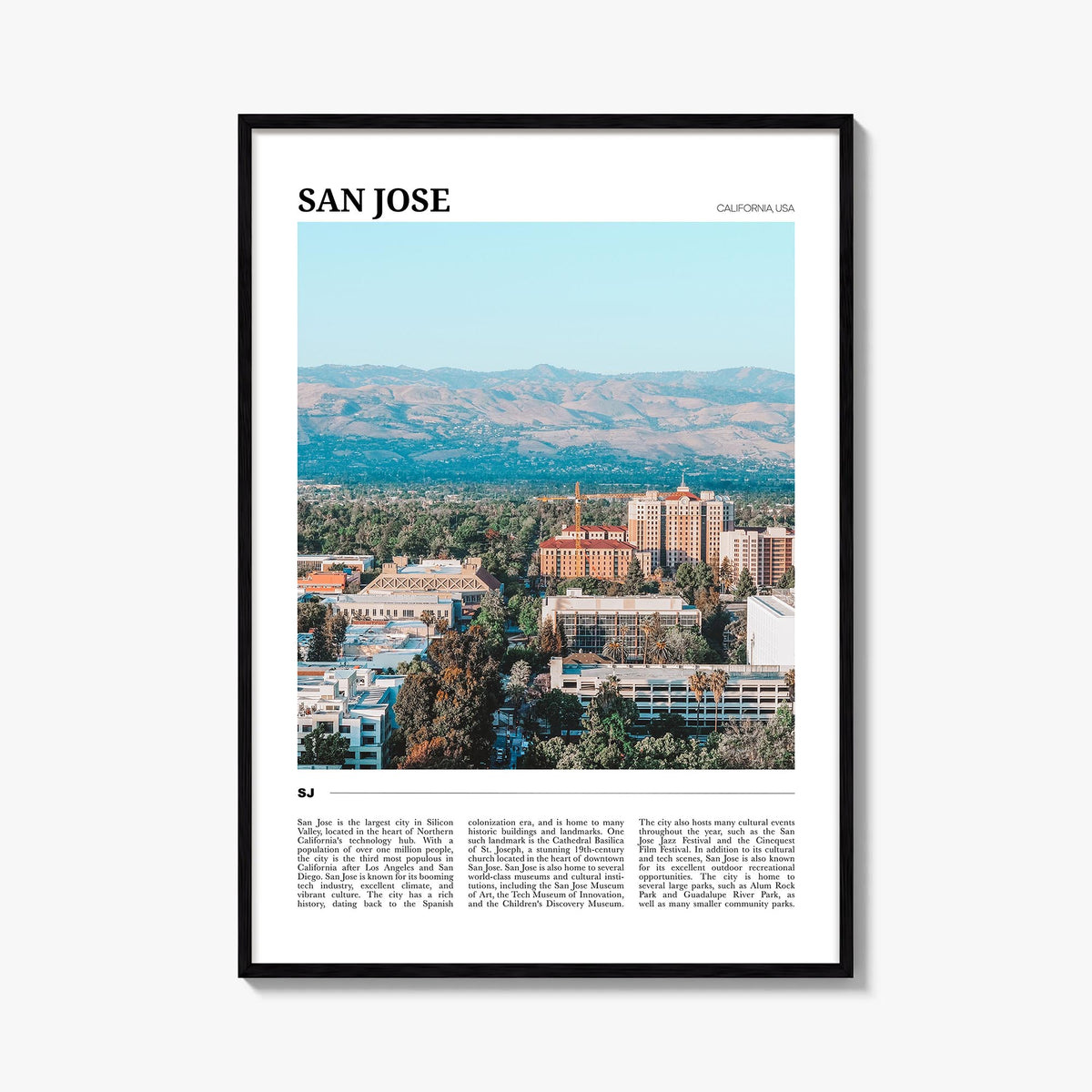 San Jose, California colorful travel poster of California, USA – vertical wall art, unframed print shown in interior mockup
