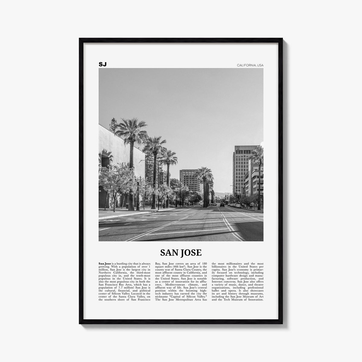 San Jose, California no. 1 black & white newspaper poster of California, USA – vertical wall art, unframed print shown in int
