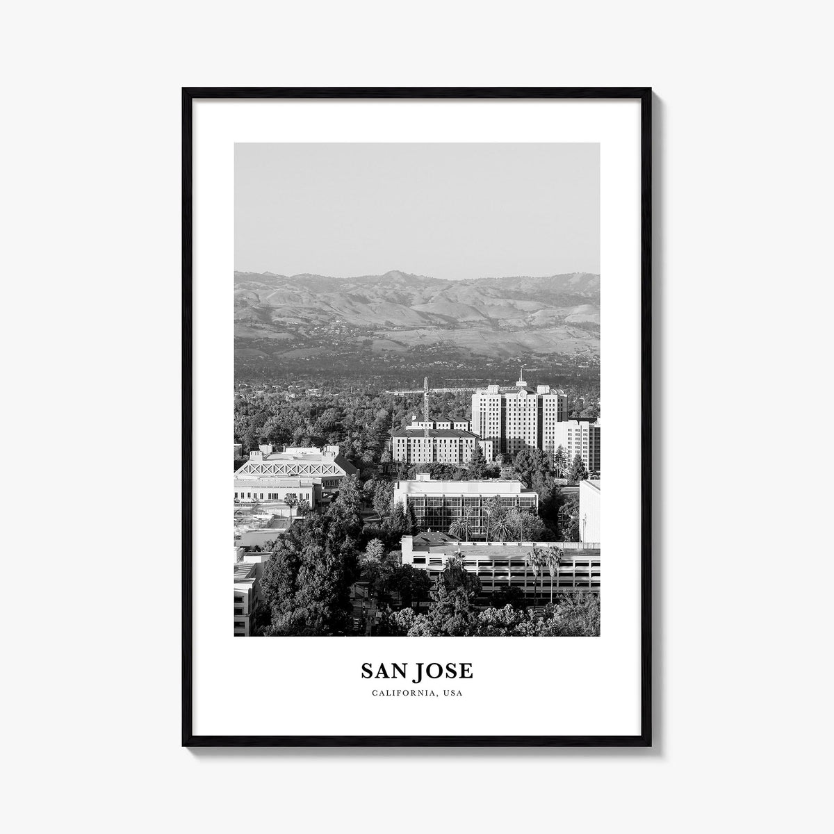 San Jose, California no. 2 black & white classic poster of California, USA – vertical wall art, unframed print shown in inter