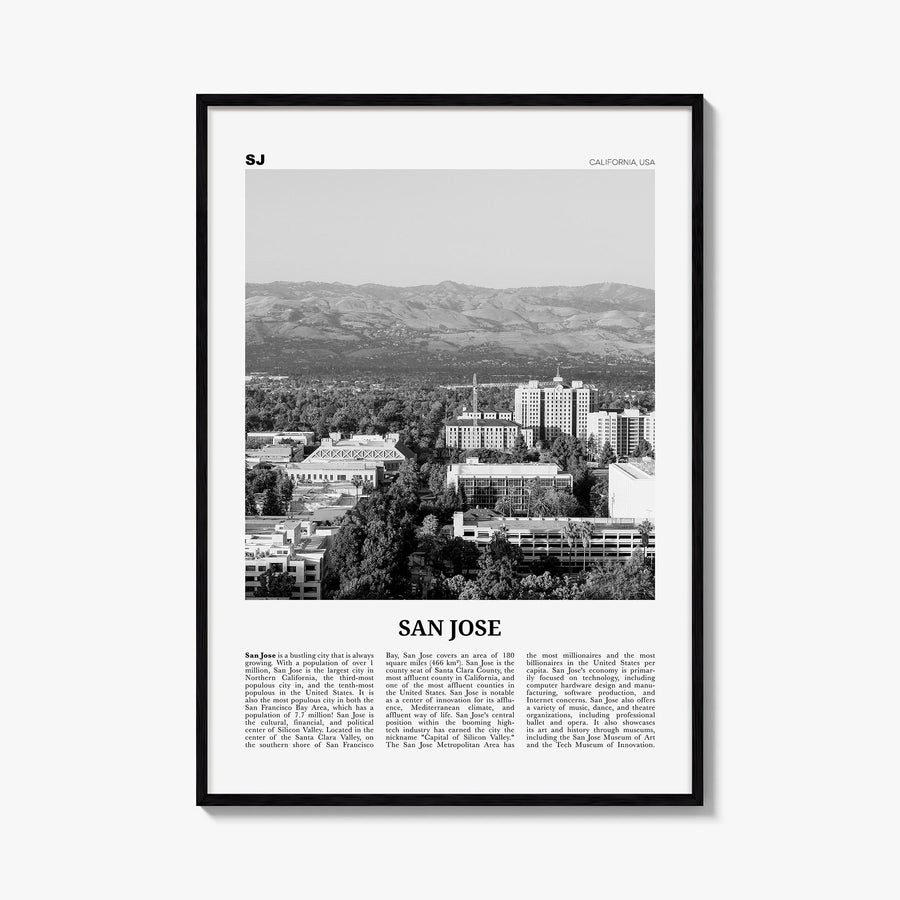 San Jose, California no. 2 black & white newspaper poster of California, USA – vertical wall art, unframed print shown in int