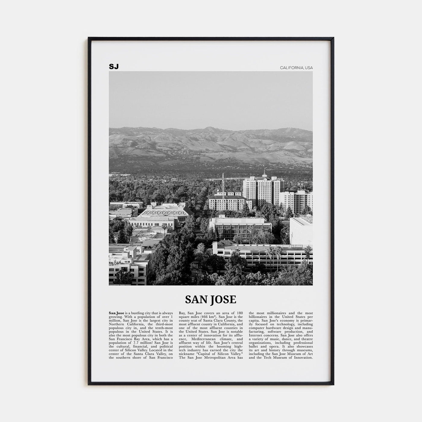 San Jose, California No 2 Poster Black Metal / 8x12 in Nbourhood Travel B&W Poster