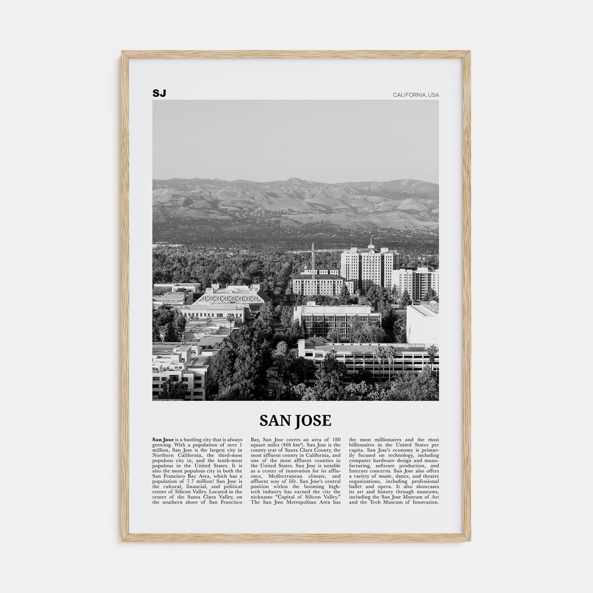 San Jose, California No 2 Poster Natural Wood / 8x12 in Nbourhood Travel B&W Poster