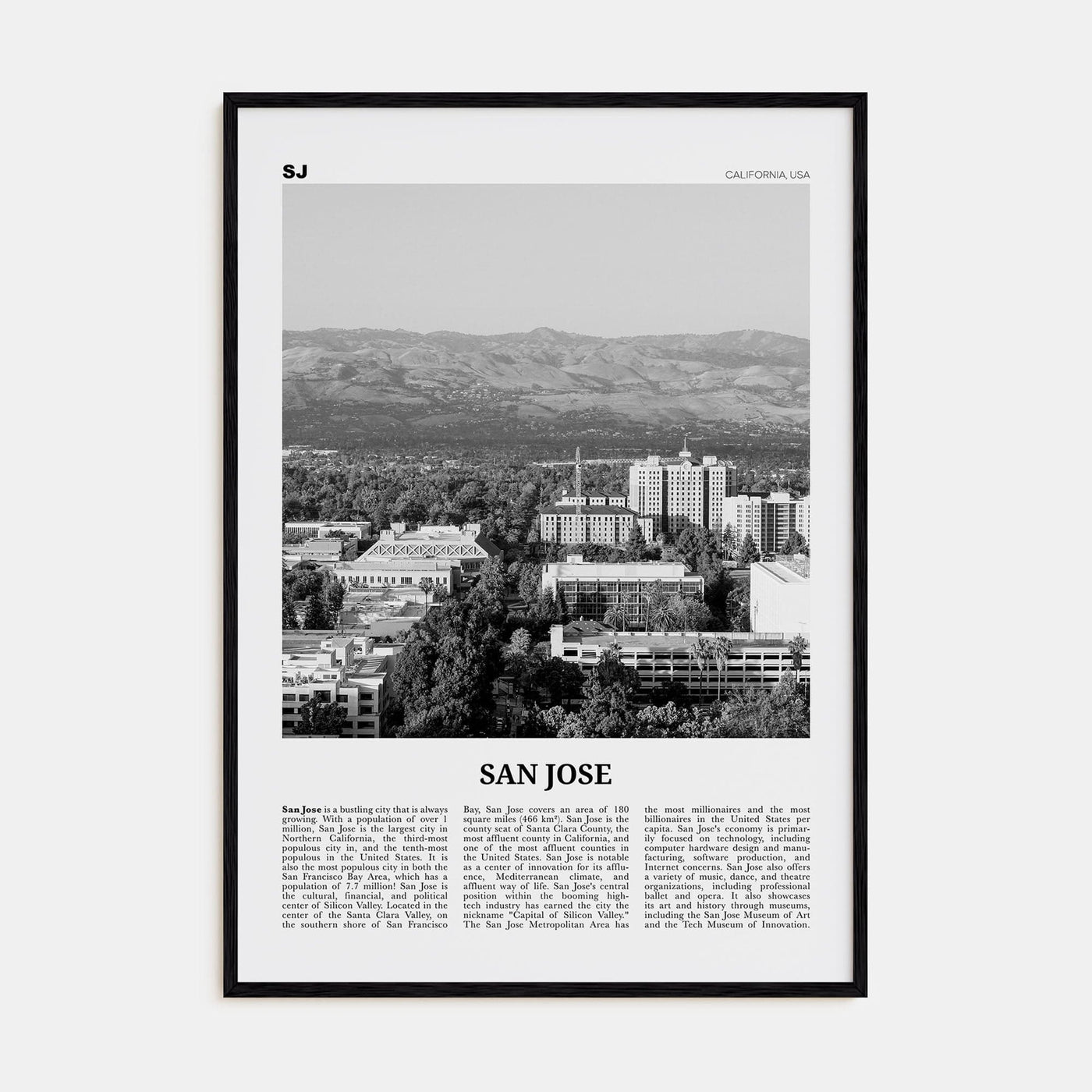 San Jose, California No 2 Poster Black Wood / 8x12 in Nbourhood Travel B&W Poster