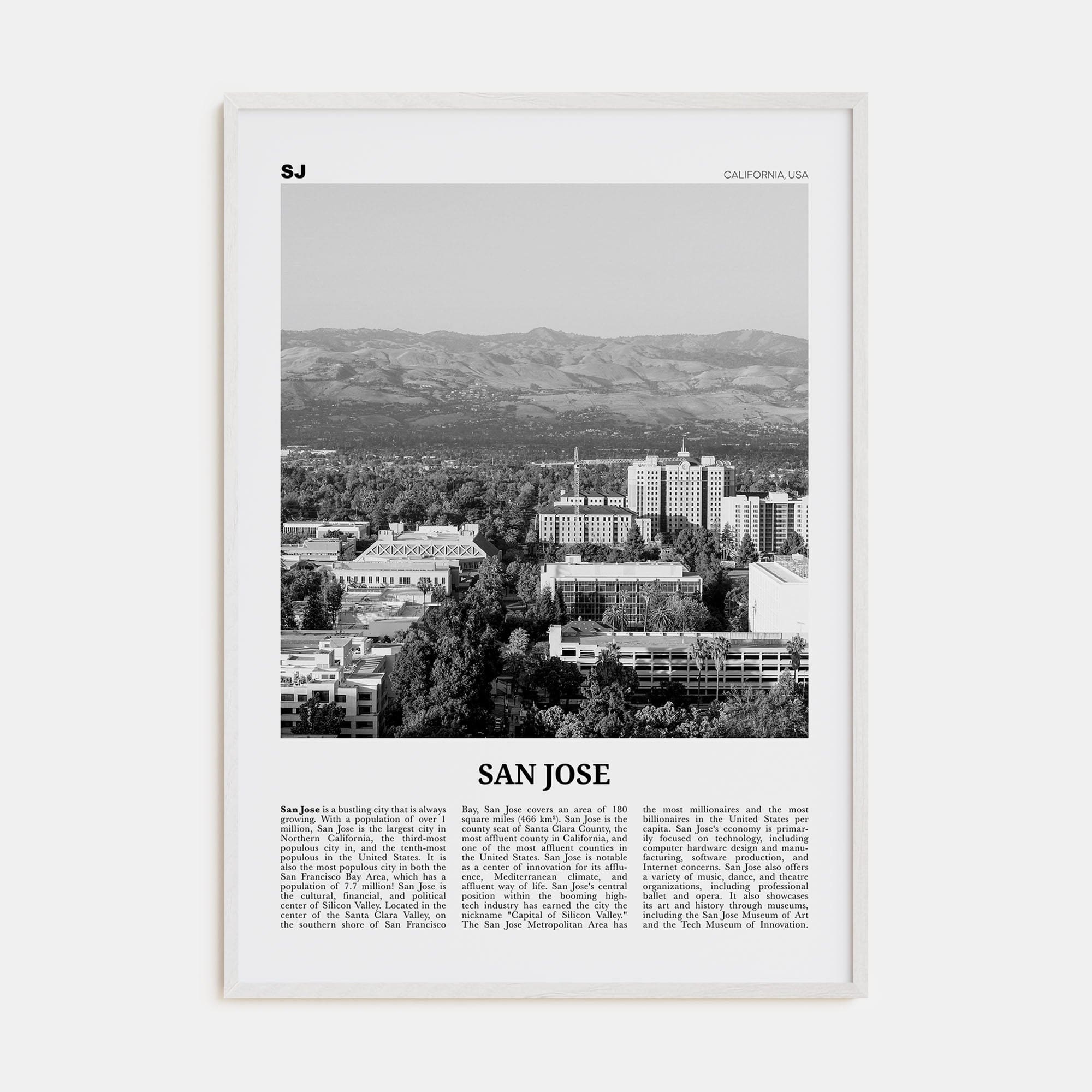 San Jose, California No 2 Poster White Wood / 8x12 in Nbourhood Travel B&W Poster