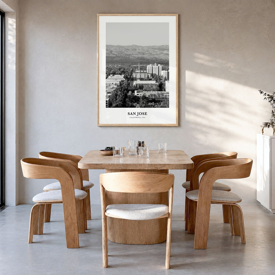 San Jose, California Classic No 2 Poster in a natural wood frame, hanging in a dining room