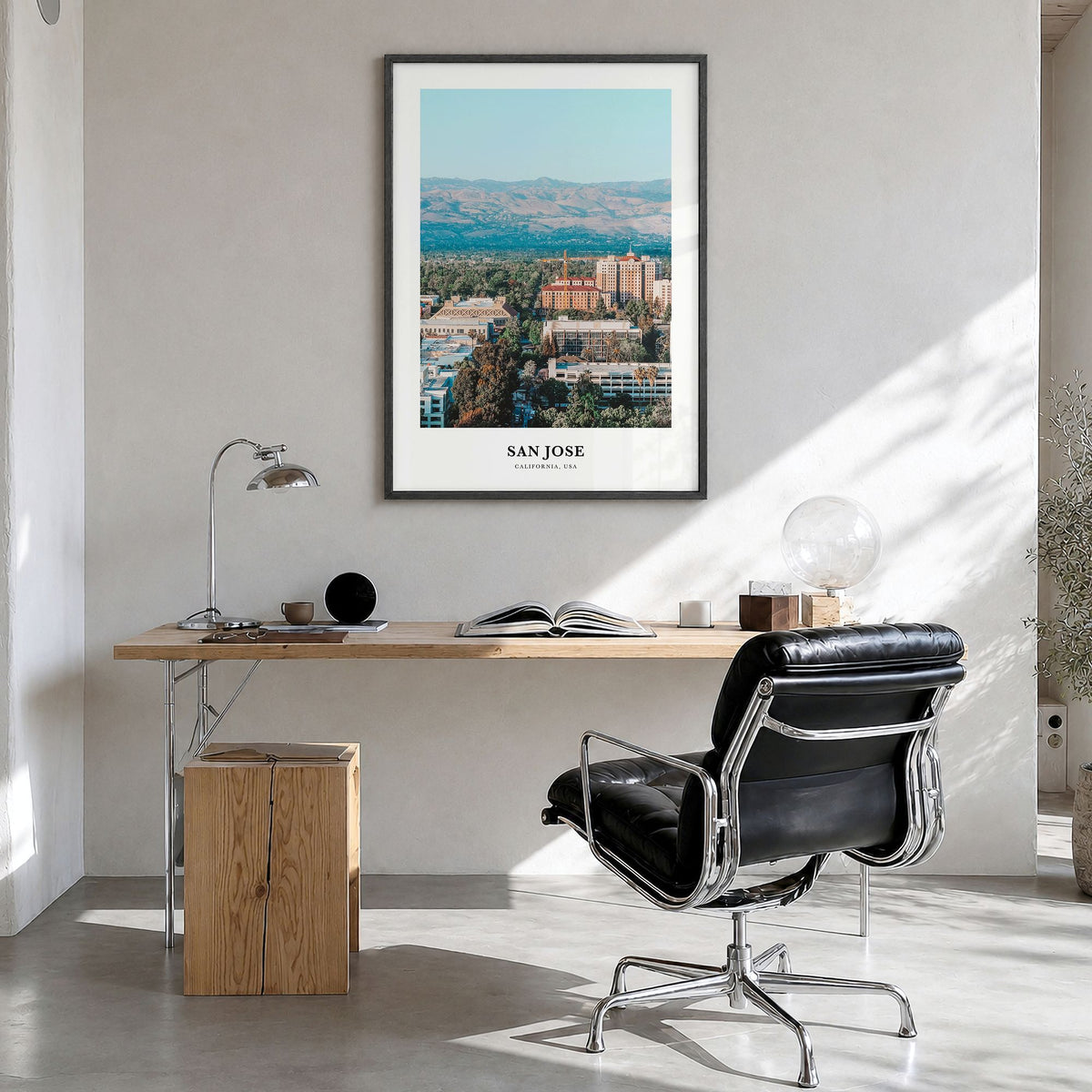 San Jose, California Classic Poster in a black wood frame, hanging in a bright home office