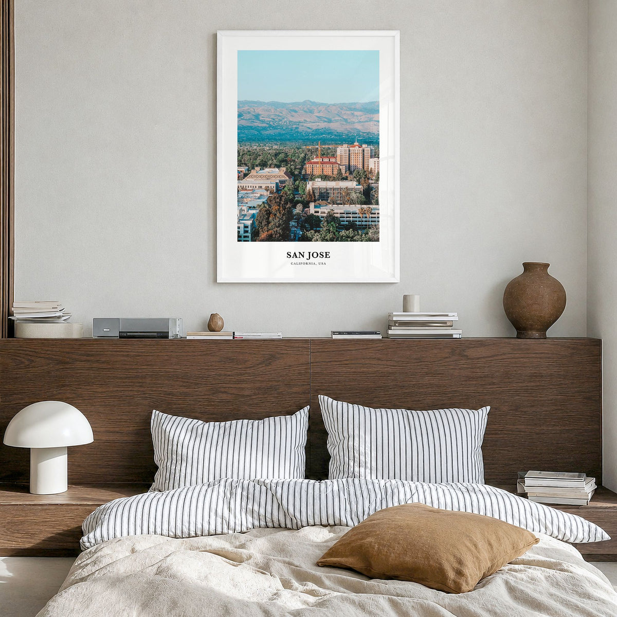 San Jose, California Classic Poster in a white wood frame, hanging in a bedroom