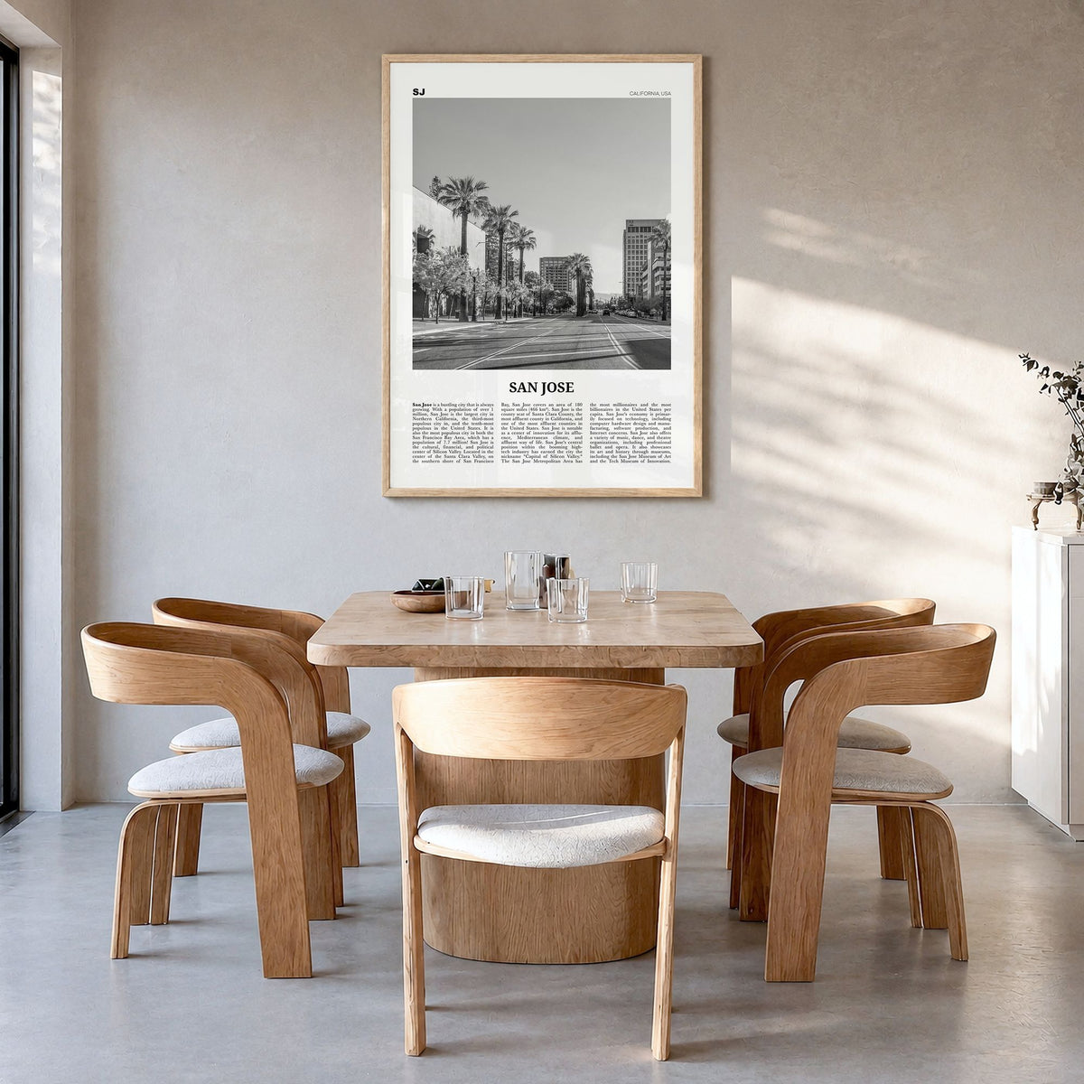 San Jose, California Newspaper No 1 Poster in a natural wood frame, hanging in a dining room