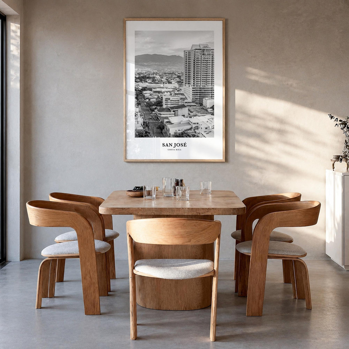 San José, Costa Rica black & white classic poster of Costa Rica – vertical wall art in natural wood frame, hanging on wall
