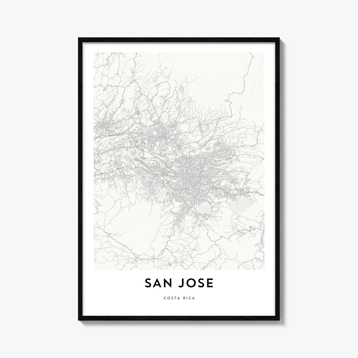 San José, Costa Rica black & white map poster of Costa Rica – vertical wall art, unframed print shown in interior mockup