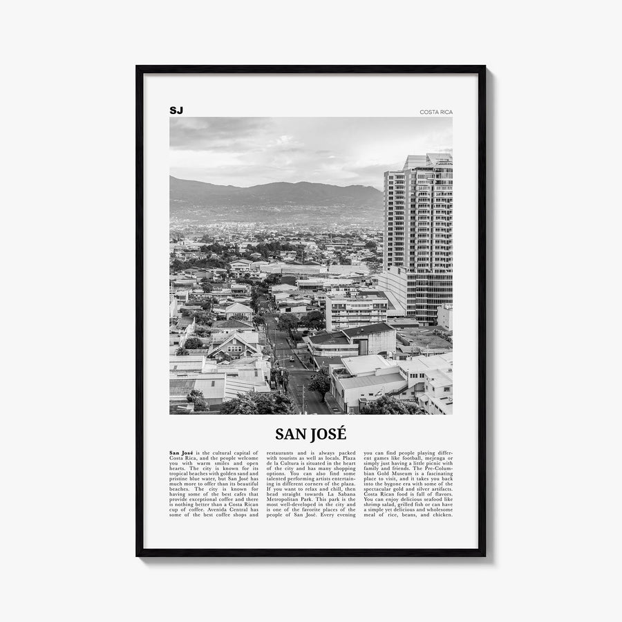 San José, Costa Rica black & white newspaper poster of Costa Rica – vertical wall art, unframed print shown in interior mocku