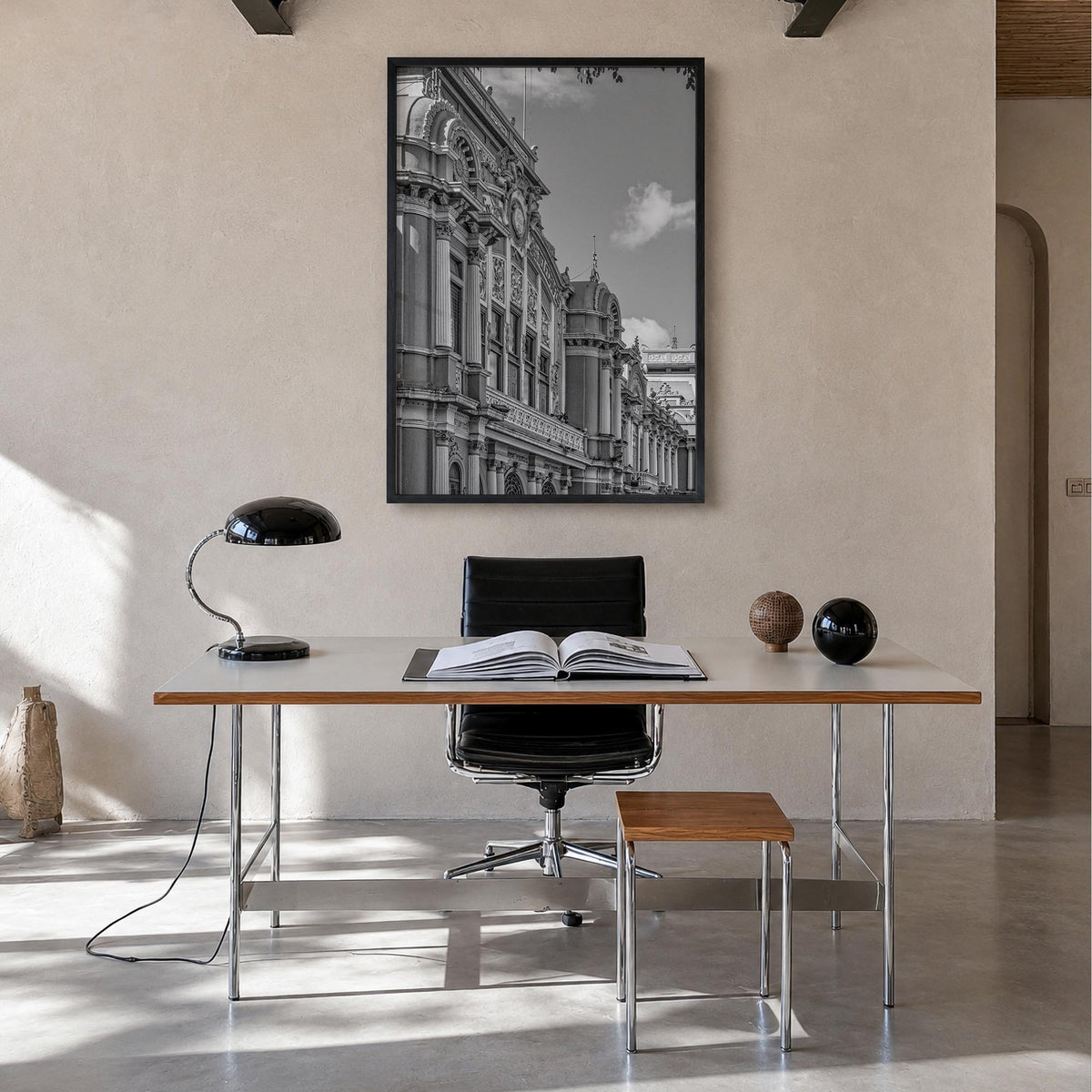 San José, Costa Rica black & white photo poster of Costa Rica – vertical wall art in black wood frame, hanging on wall