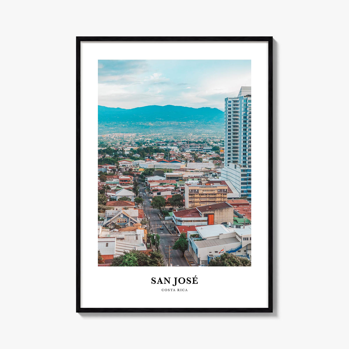 San José, Costa Rica colorful classic poster of Costa Rica – vertical wall art, unframed print shown in interior mockup