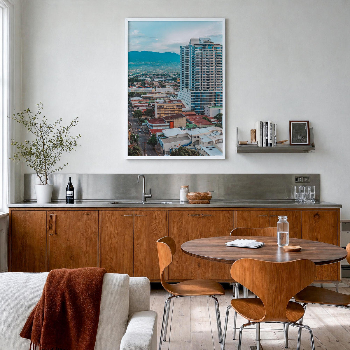 San José, Costa Rica colorful photo poster of Costa Rica – vertical wall art in white wood frame, hanging on wall