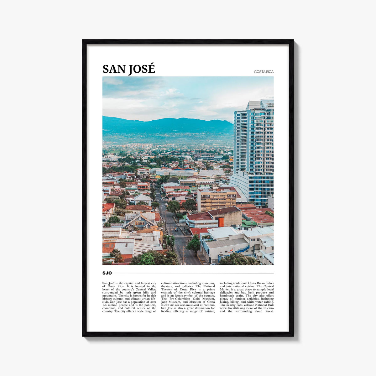San José, Costa Rica colorful travel poster of Costa Rica – vertical wall art, unframed print shown in interior mockup